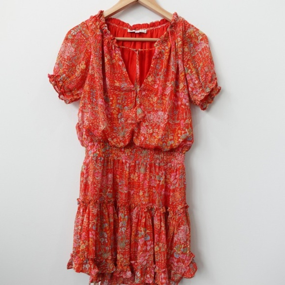 Red Blouson Dress Womens SMALL Floral Boho Mini Tier Flowy WERE ALL PRETTY GIRLS
